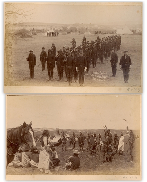 Two Original Photographs From 1891, Shortly After the Wounded Knee Massacre -- One Photograph Shows Captain Charles Taylor With His Indian Scouts
